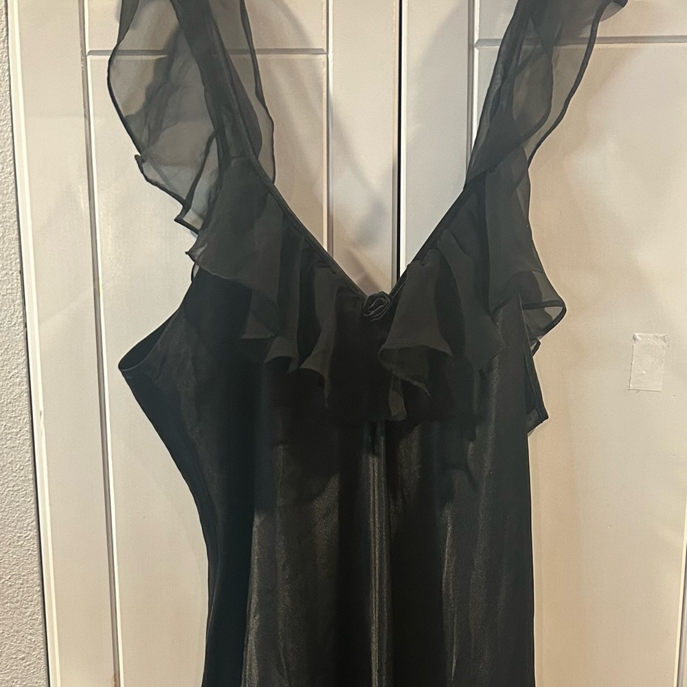 Vintage Elegant Satin Black Ruffled sleeveless long slip Dress